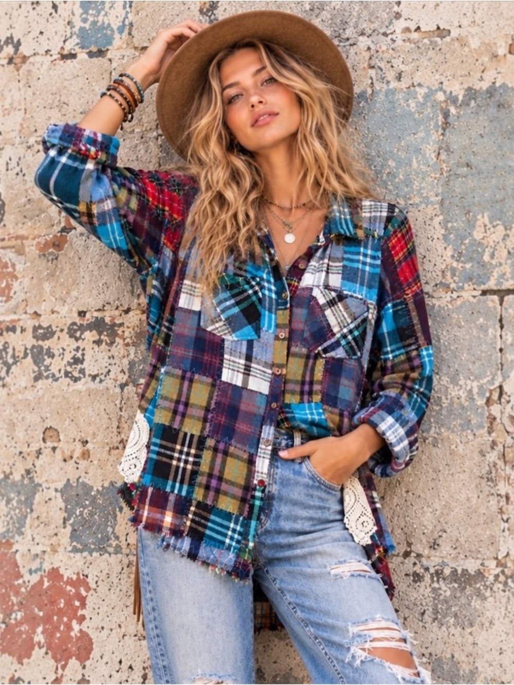 Free People Lost In Plaid Flannel S Patchwork Lace Raw Edge Boho Shirt